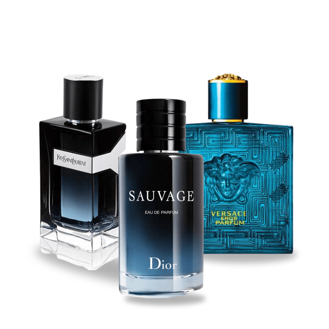 Coffret de 3 parfums: Dior SAUVAGE, Yves Saint Laurent Y MEN y Versace EROS 100ml