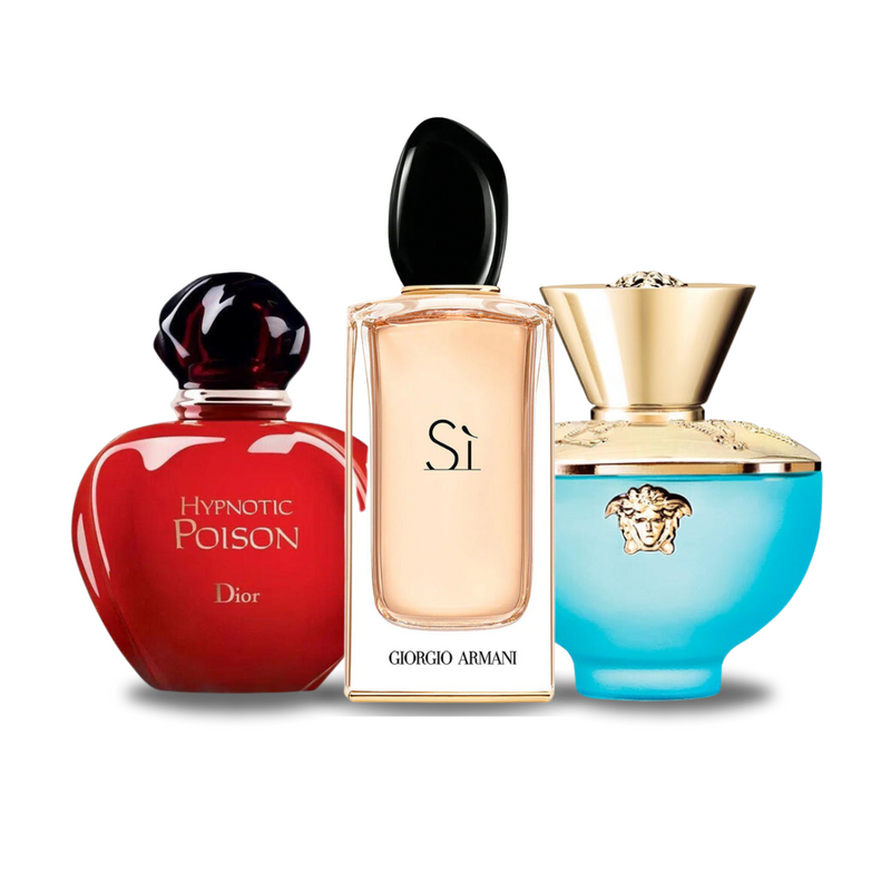 Coffret de 3 parfums: Dior HYPNOTIC POISON, Giorgio Armani SÌ e Versace DYLAN TURQUOISE 100ml